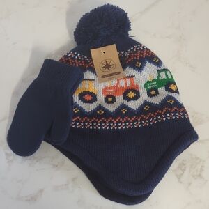 Kids Navy Blue Tractor Beanie and Mittens Set